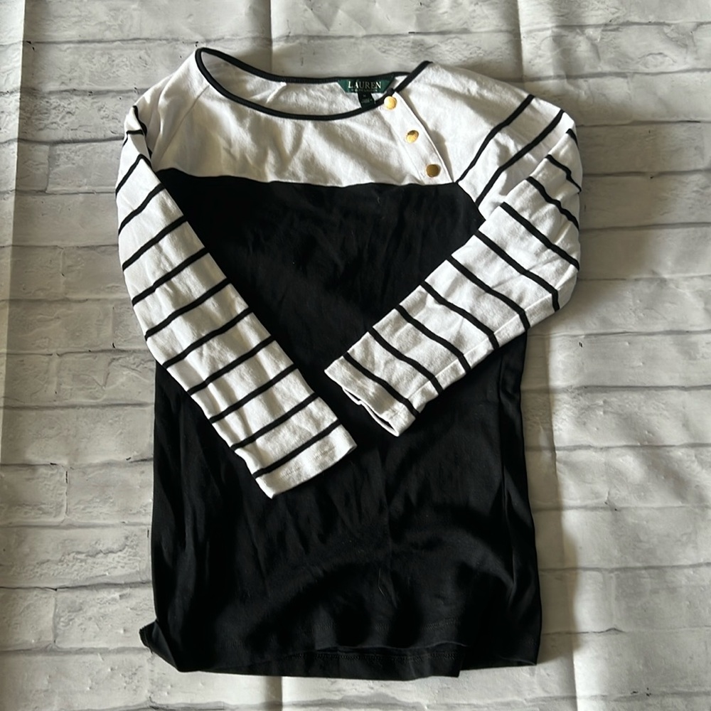 Lauren by Ralph Lauren black and white strip shoulder button 3/4 sleeve shirt